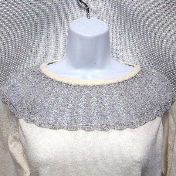 ROMANTIC Vintage Inspired Ivory SWEATER w Silver Metallic Mesh Collar Pearl L - Picture 10 of 10